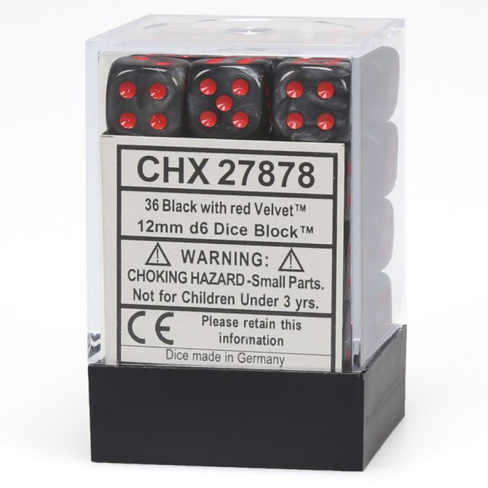 D6 Cube 12mm Velvet Black With Red (36) - Cats In Hat Inc.