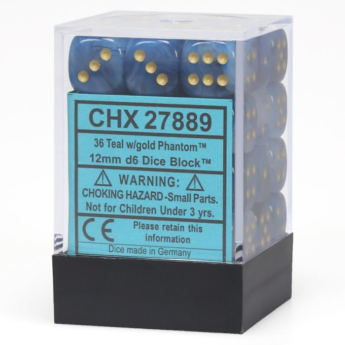 D6 Cube 12mm Phantom Teal With Gold (36) - Cats In Hat Inc.