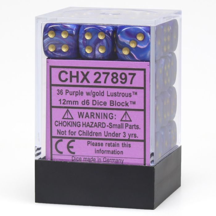 D6 Cube 12mm Lustrous Purple With Gold (36) - Cats In Hat Inc.