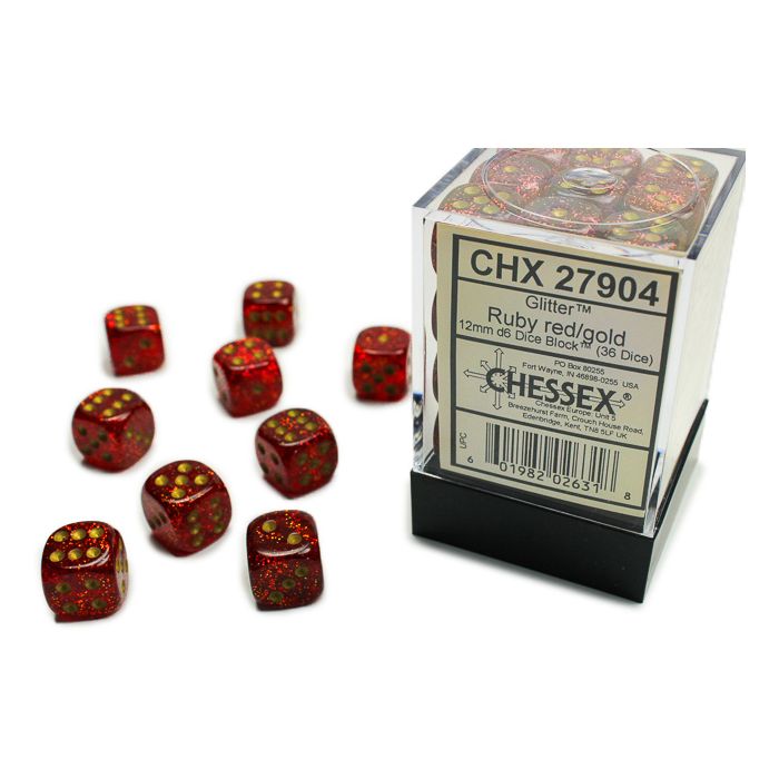 D6 Cube 12mm Glitter Ruby With Gold (36) - Cats In Hat Inc.