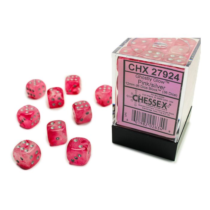 D6 Cube 12mm Ghostly Glow Pink With Silver (36) - Cats In Hat Inc.