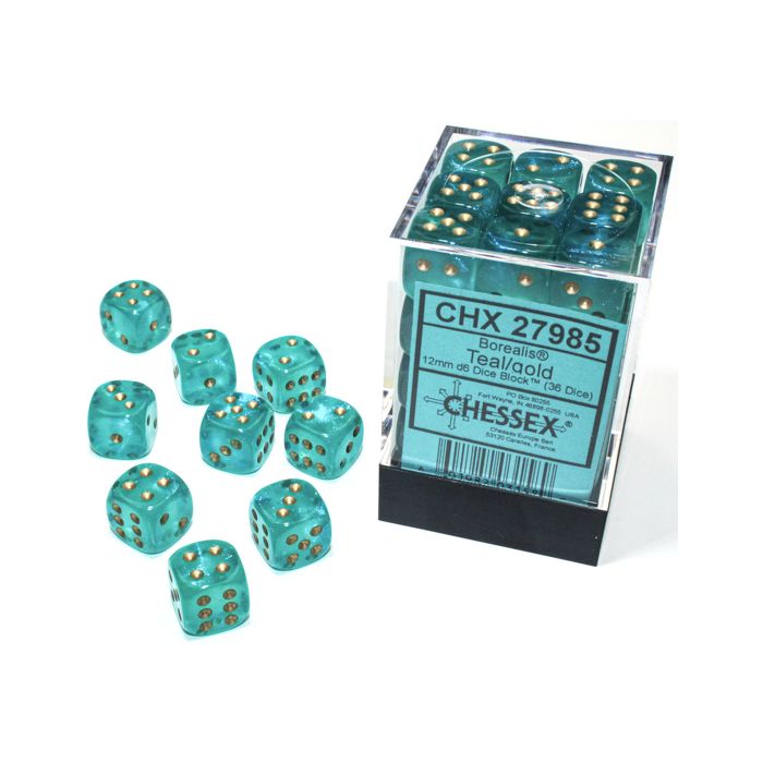 D6 Cube 12mm Borealis Luminary Teal With Gold (36) - Cats In Hat Inc.