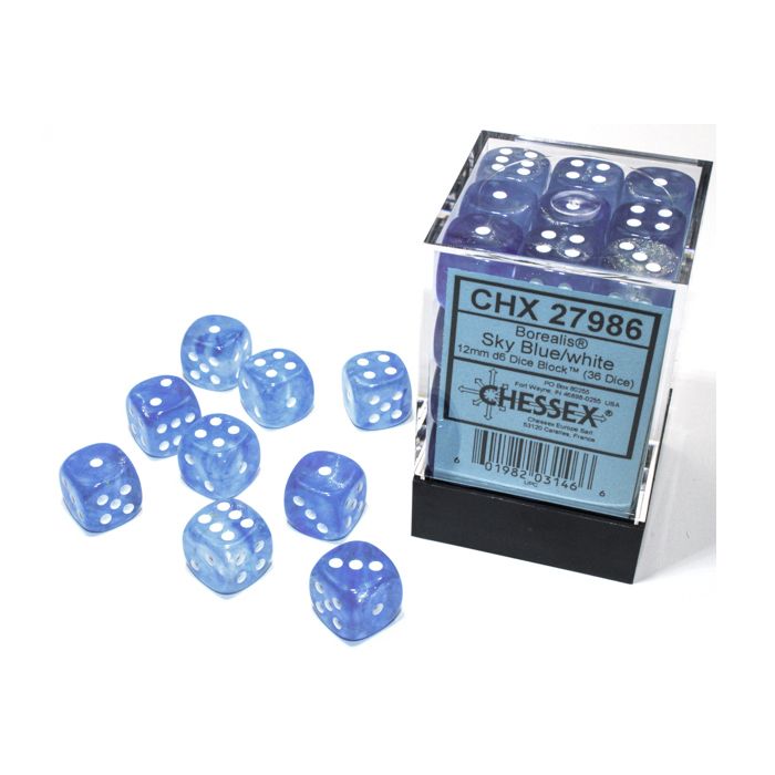 D6 Cube 12mm Borealis Luminary Sky Blue With White (36) - Cats In Hat Inc.