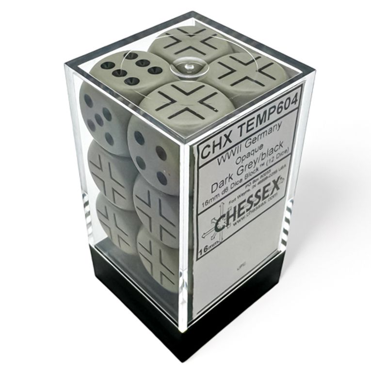 D6 Cube 16mm Opaque WW2 German Dark Grey/Black (12)
