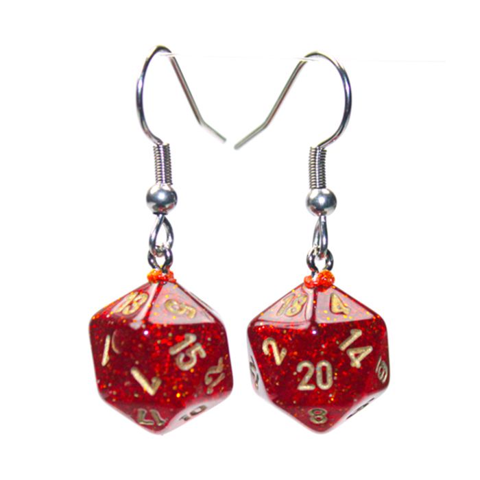Hook Earrings Glitter Ruby Mini D20 Pair - Cats In Hat Inc.