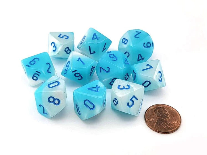 d10 Clamshell Gemini Luminary Pearl Turquoise-White with Blue (10) By Chessex Manufacturing