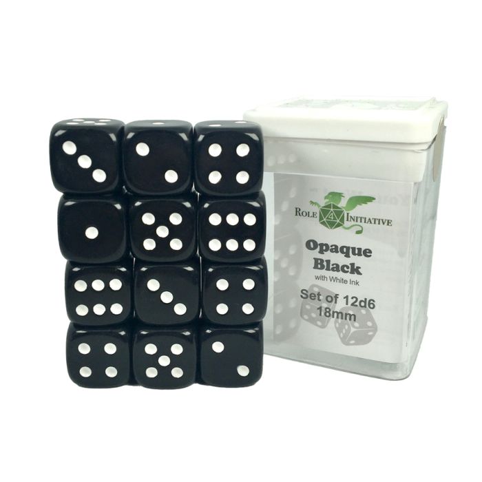 D6 Cube 18mm Opaque Black With White With Pips (12) - Cats In Hat Inc.