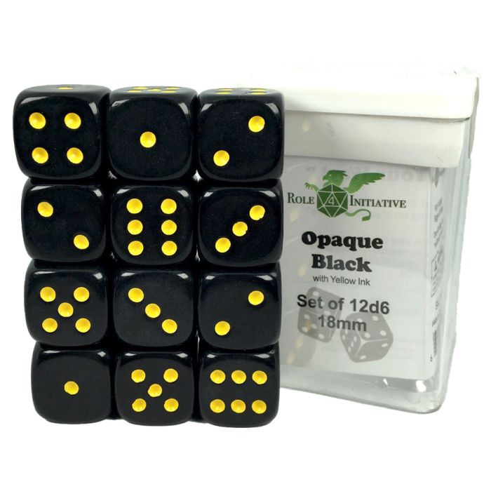 D6 Cube 18mm Opaque Black With Yellow With Pips (12) - Cats In Hat Inc.