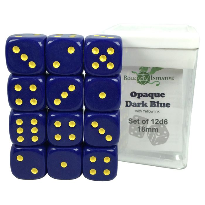 D6 Cube 18mm Opaque Dark Blue With Yellow With Pips (12) - Cats In Hat Inc.
