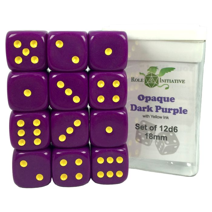 D6 Cube 18mm Opaque Dark Purple With Yellow With Pips (12) - Cats In Hat Inc.