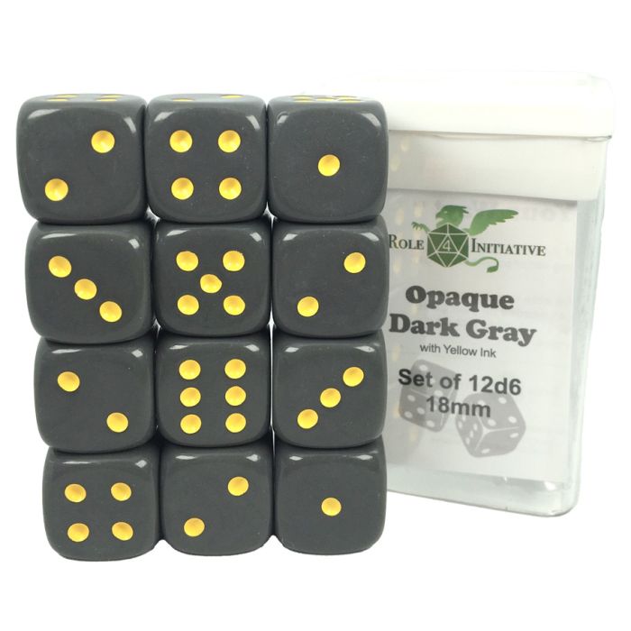 D6 Cube 18mm Opaque Dark Gray With Yellow With Pips (12) - Cats In Hat Inc.
