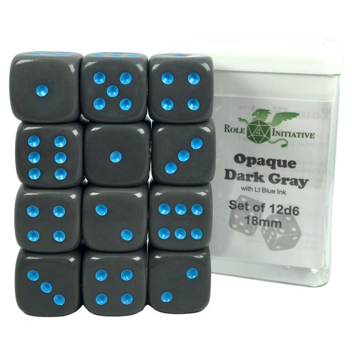 D6 Cube 18mm Opaque Dark Gray With Lt Blue With Pips (12) - Cats In Hat Inc.