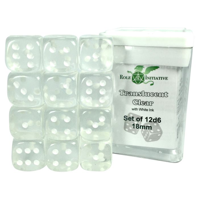 D6 Cube 18mm Translucent Clear With Pips (12) - Cats In Hat Inc.