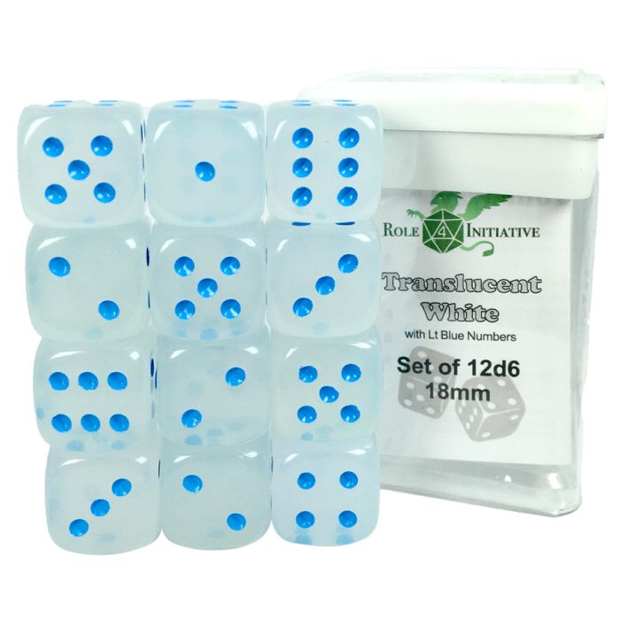D6 Cube 18mm Translucent White With Black With Pips (12) - Cats In Hat Inc.
