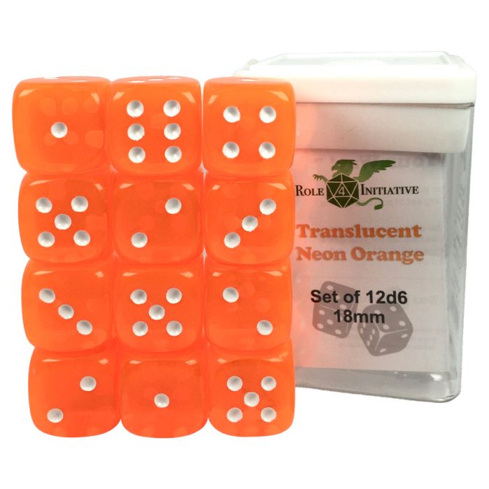 D6 Cube 18mm Translucent Neon Orange With Pips (12) - Cats In Hat Inc.
