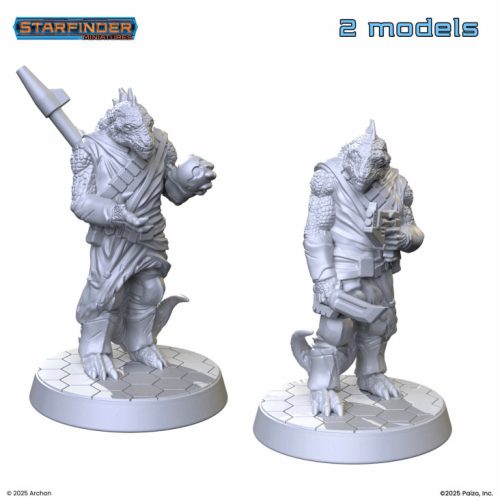 Two white fantasy figurines on round bases with 'Starfinder' branding.