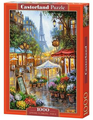 Castorland 1000 Piece Jigsaw Puzzle, Spring Flowers, Paris, France, Colorful Eiffel Tower and Cafe Puzzle, Adult Puzzle, Castorland C-103669-2