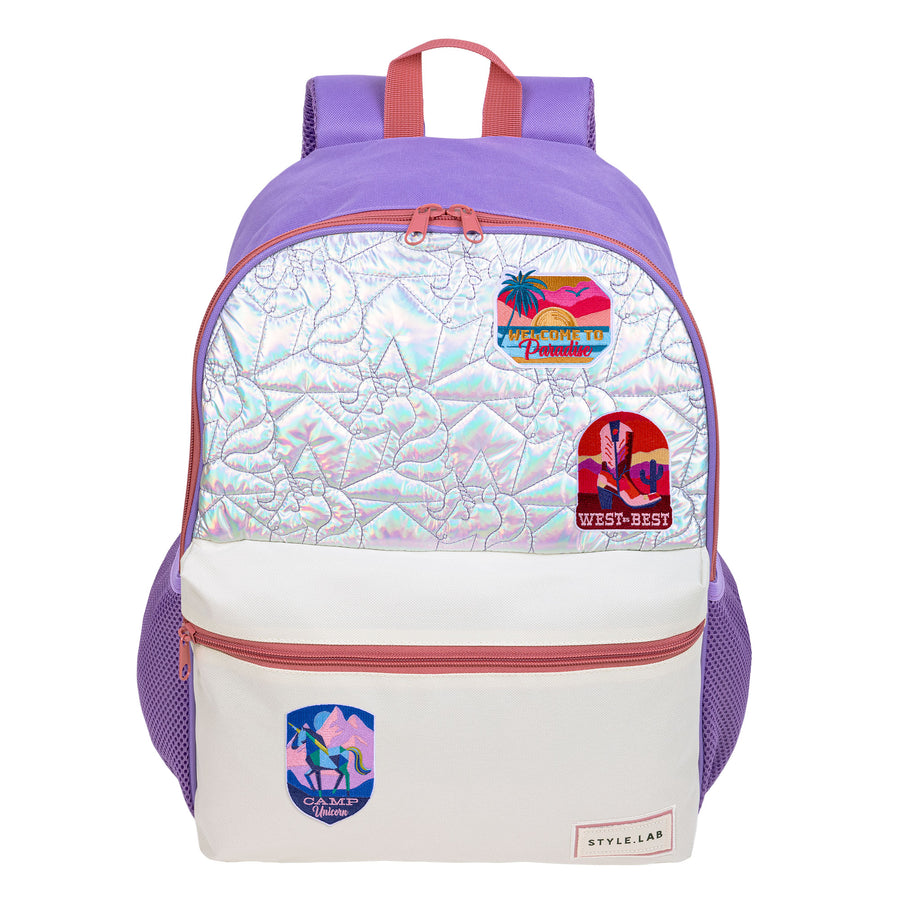 Sassy: Quilted Metallic Colorblock Backpack: Purple