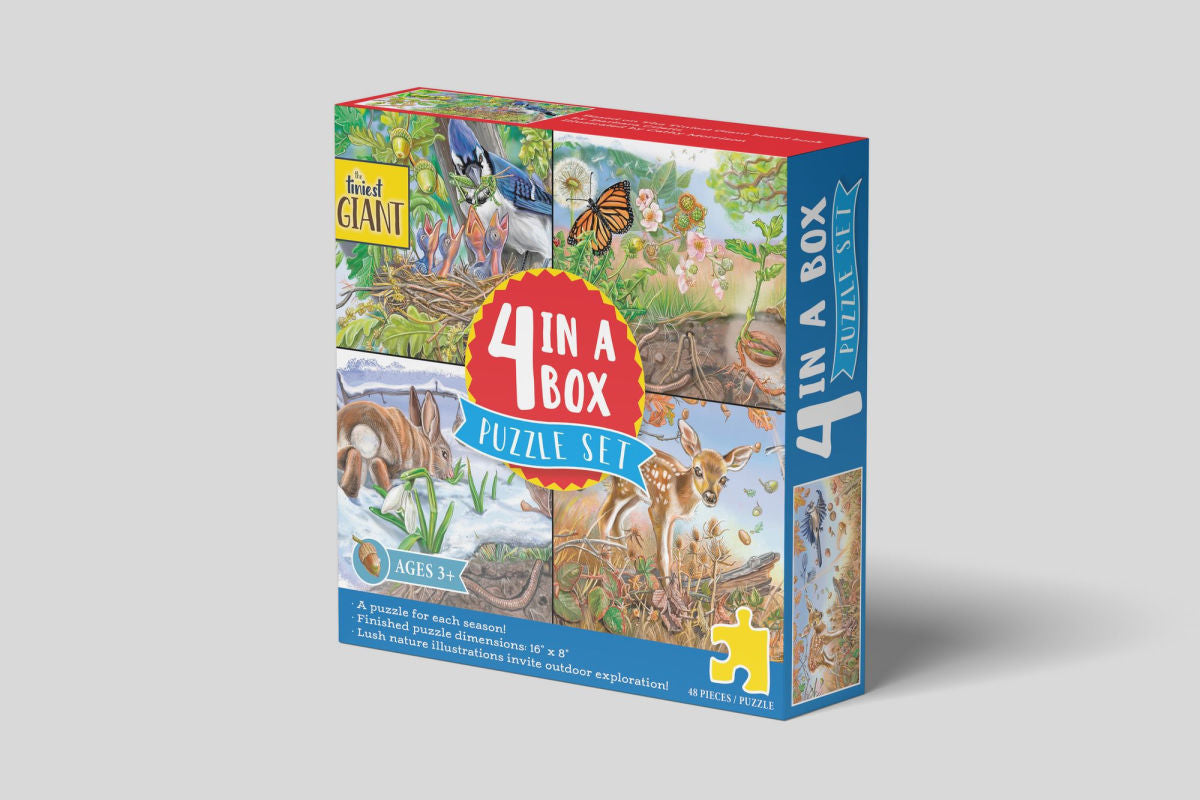 The Tiniest Giant 4-In-1 Puzzle Set: 48-Piece Puzzles for Each Season with Nature Illustrations and Acorn Life Cycle Educational Jigsaw for Kids Ages 3+