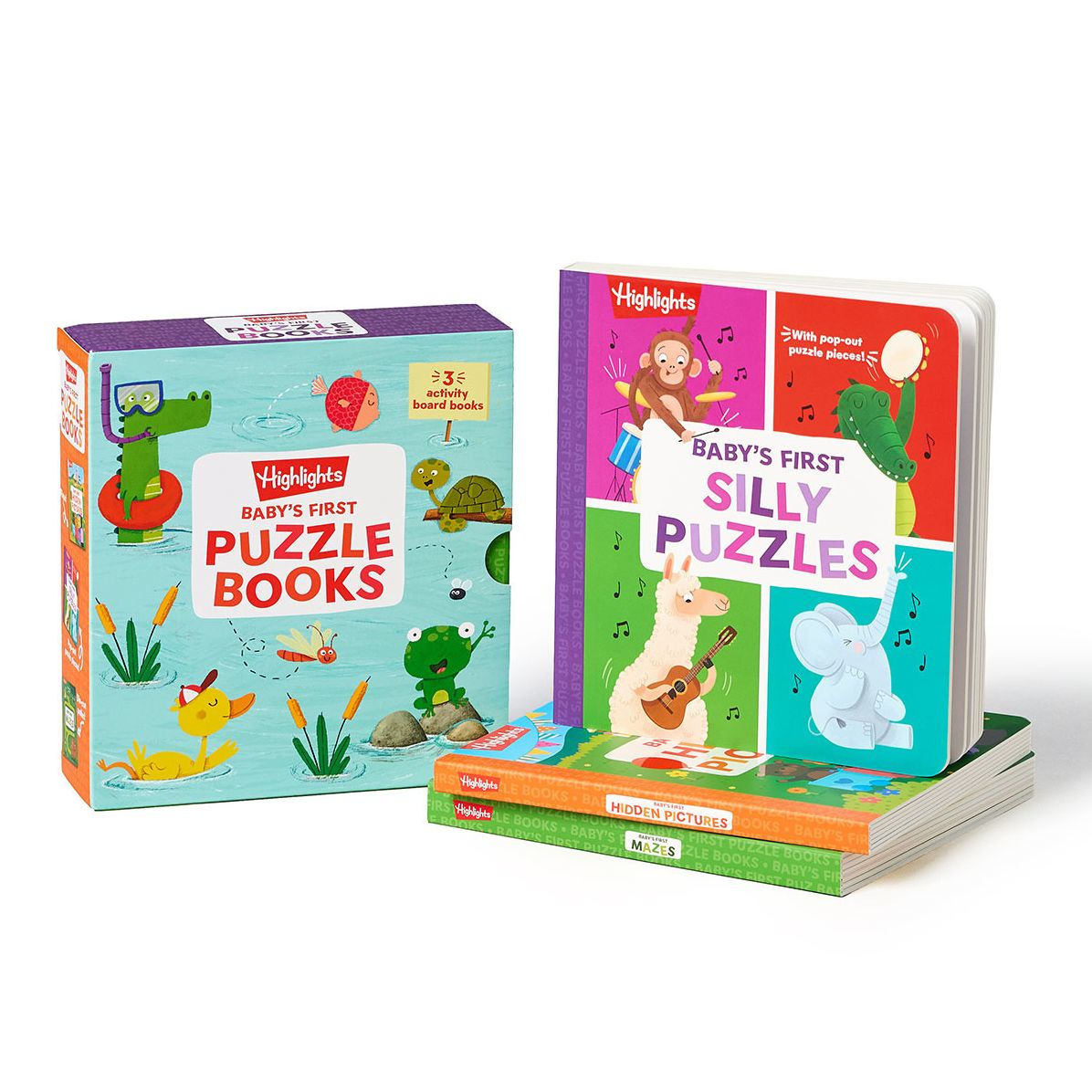 Baby's First Puzzle Books: Set of Interactive Baby Books for Sensory Learning, 3 Play Time Board Books for Babies and Toddlers with Foam Puzzle, Mazes