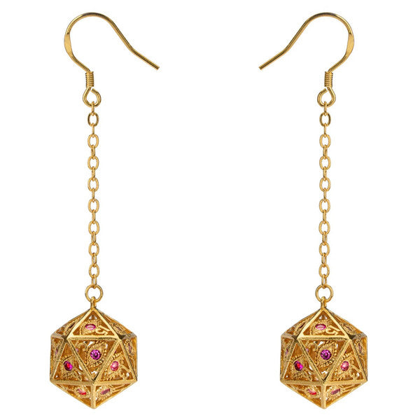 Dice Earrings: Dragon's Eye Gold with Ruby Red Gems
