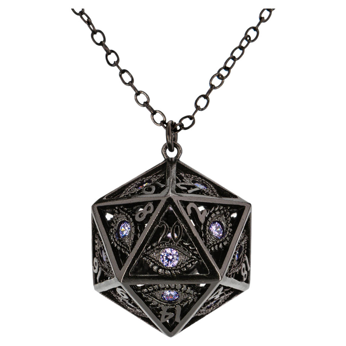 Dice Necklace: Dragon's Eye Gunmetal with Purple Gems