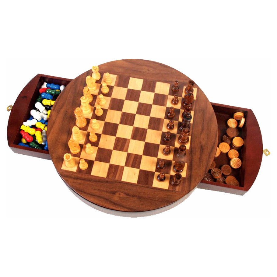 Walnut Round 3-In-1 Set (Chess/Checkers/Chinese Checkers)