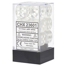 D6 Cube 16mm Translucent Clear With White (12) - Cats In Hat Inc.