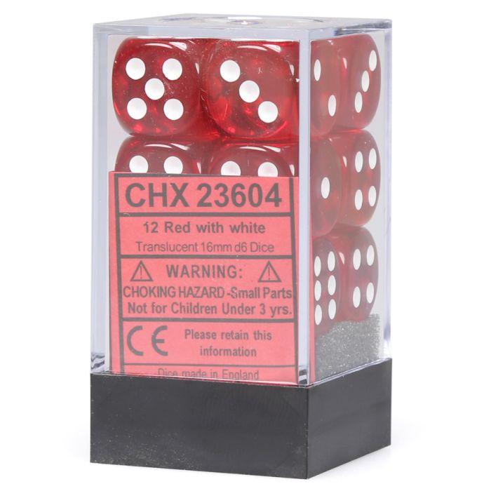 D6 Cube 16mm Translucent Red With White (12)