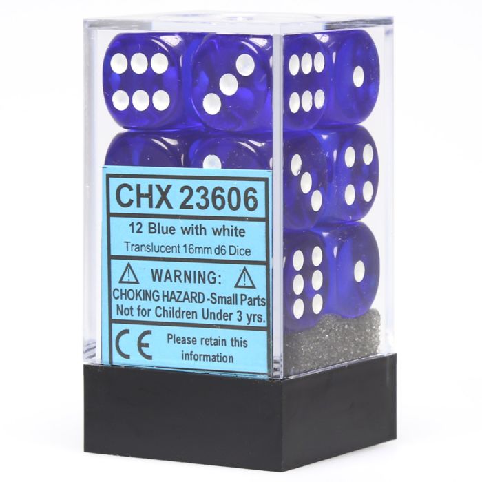 D6 Cube 16mm Translucent Blue With White (12) - Cats In Hat Inc.