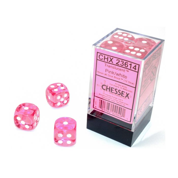 Translucent 16mm D6 Pink/White Dice Block (12 Dice) - Cats In Hat Inc.