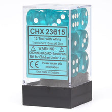 D6 Cube 16mm Translucent Teal With White (12) - Cats In Hat Inc.