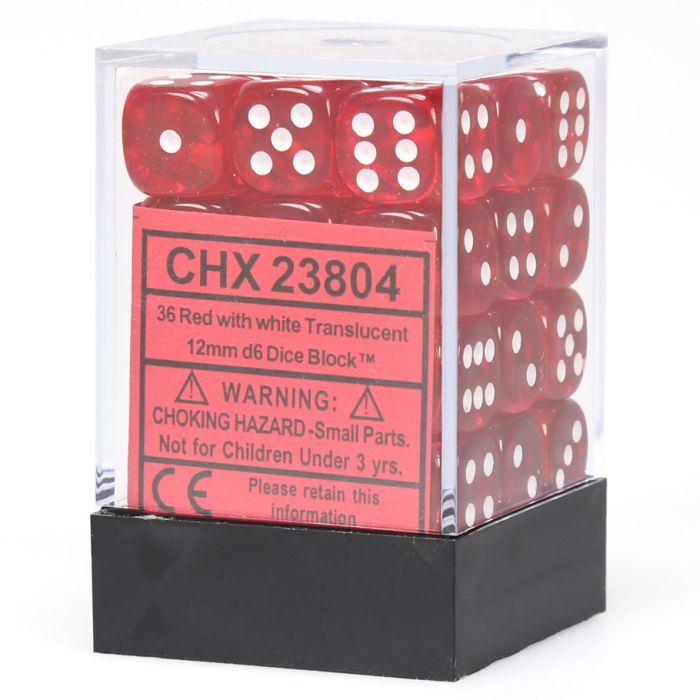 D6 Cube 12mm Translucent Red With White (36) - Cats In Hat Inc.