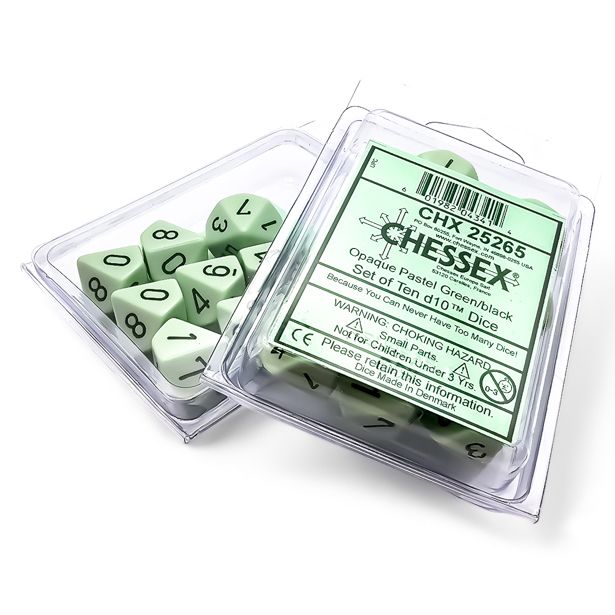 D10 Clamshell Opaque Pastel Green/black (10) By Chessex Manufacturing