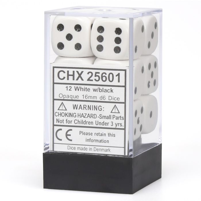 D6 Cube 16mm Opaque White With Black (12) - Cats In Hat Inc.
