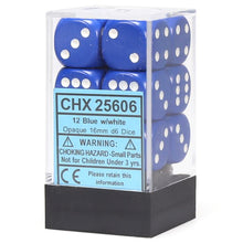 D6 Cube 16mm Opaque Blue With White (12) - Cats In Hat Inc.