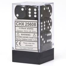 D6 Cube 16mm Opaque Black With White (12) - Cats In Hat Inc.