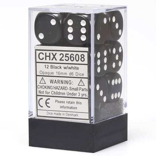 D6 Cube 16mm Opaque Black With White (12) - Cats In Hat Inc.