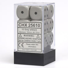 D6 Cube 16mm Opaque Grey With White (12) - Cats In Hat Inc.