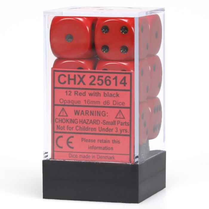 D6 Cube 16mm Opaque Red With Black (12) - Cats In Hat Inc.