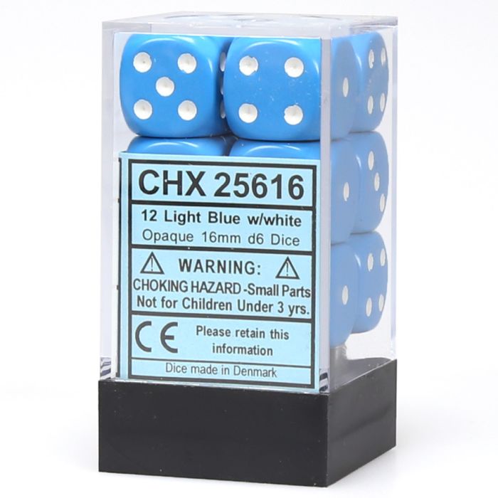 D6 Cube 16mm Opaque Light Blue With White (12) - Cats In Hat Inc.