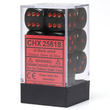 D6 Cube 16mm Opaque Black With Red (12) - Cats In Hat Inc.