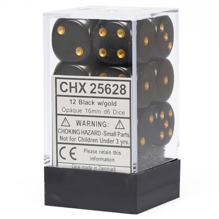D6 Cube 16mm Opaque Black With Gold (12) - Cats In Hat Inc.