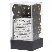 D6 Cube 16mm Opaque Black With Gold (12) - Cats In Hat Inc.
