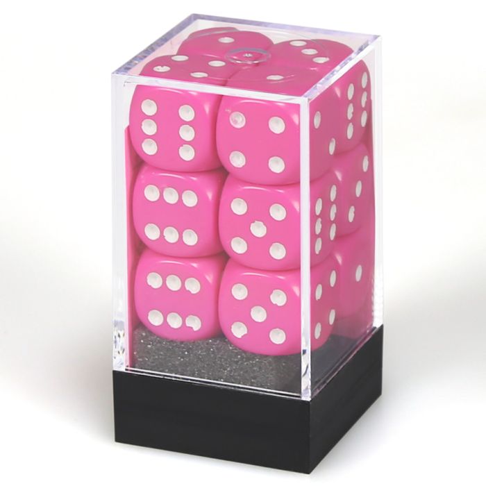 D6 Cube 16mm Opaque Pink With White (12) - Cats In Hat Inc.