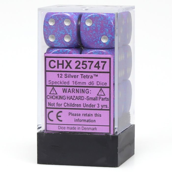 D6 Cube 16mm Speckled Silver Tetra (12) - Cats In Hat Inc.