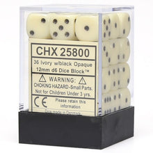 D6 Cube 12mm Opaque Ivory With Black (36) - Cats In Hat Inc.