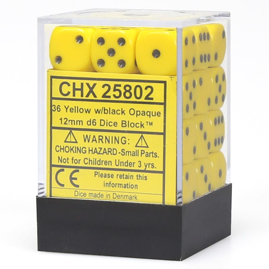 d6 Cube 12mm Opaque Yellow with Black (36) By Chessex Manufacturing