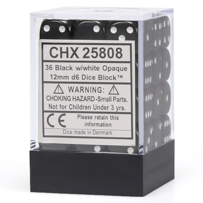 D6 Cube 12mm Opaque Black With White (36)