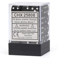 D6 Cube 12mm Opaque Black With White (36) - Cats In Hat Inc.